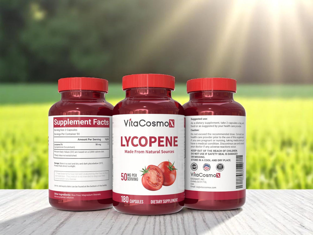 Dimensions compactes de la bouteille de lycopène VitaCosmoX
