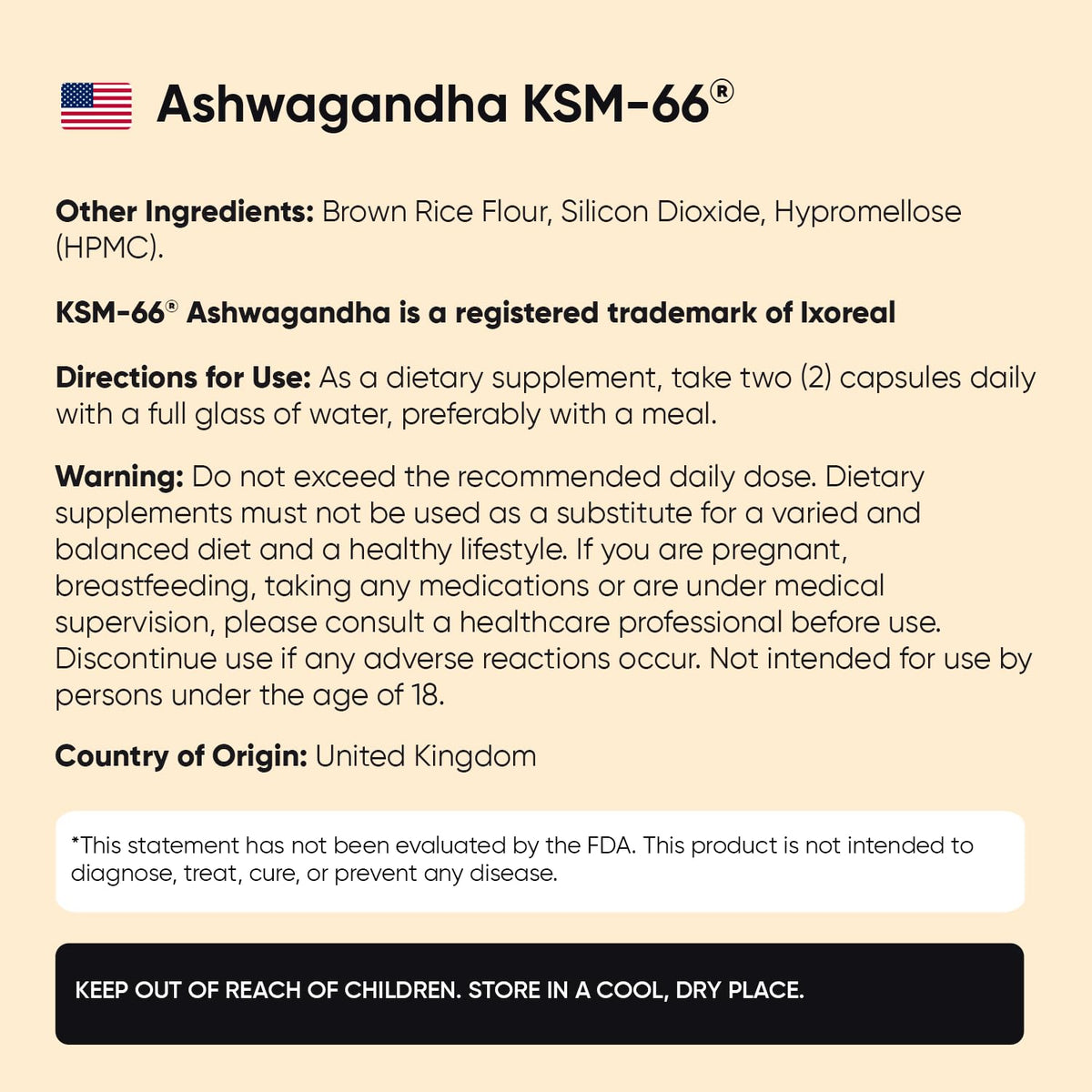 Dimensions du sachet d'Ashwagandha KSM-66 15,1 × 14,9 × 2,5 cm