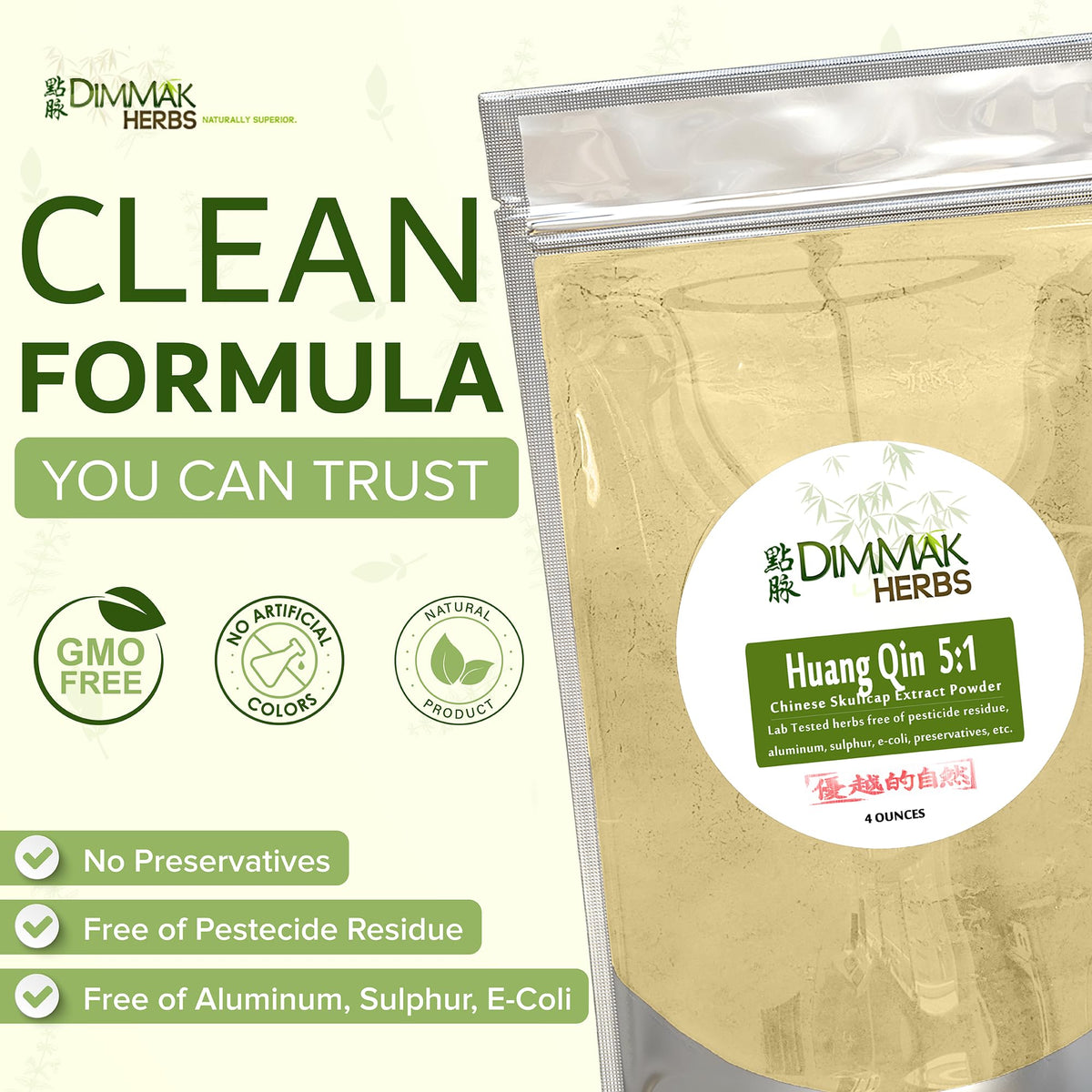 Dimmak Herbs Extrait de Scutellaria Baicalensis 5:1 130g, étiquette avec informations