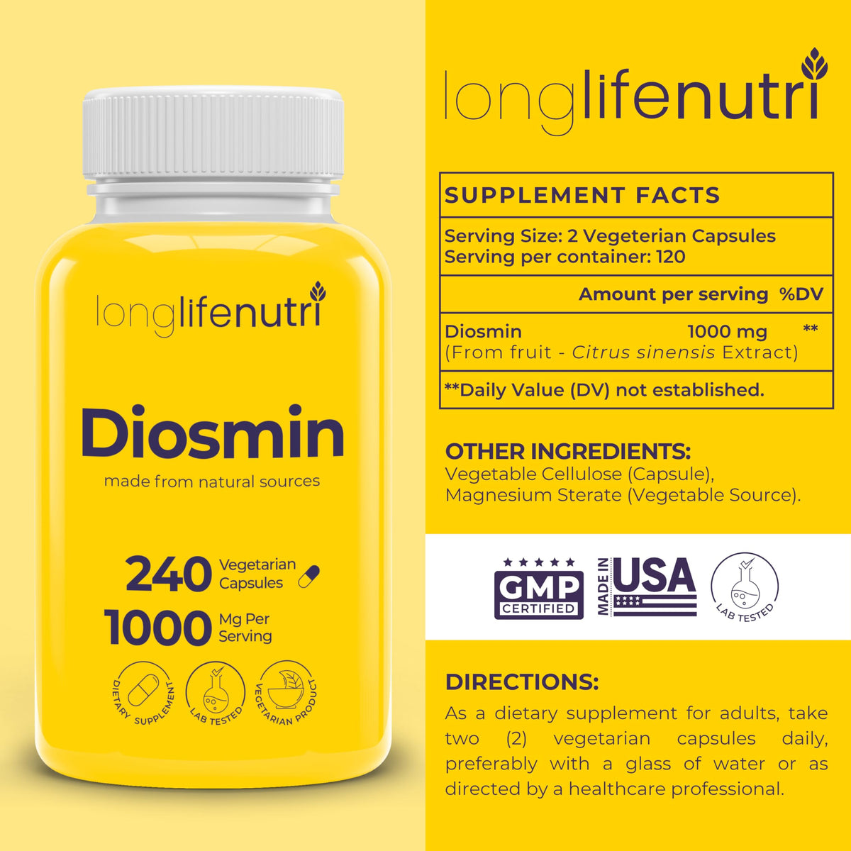Diosmine 1000mg LongLifeNutri, capsules en gros plan