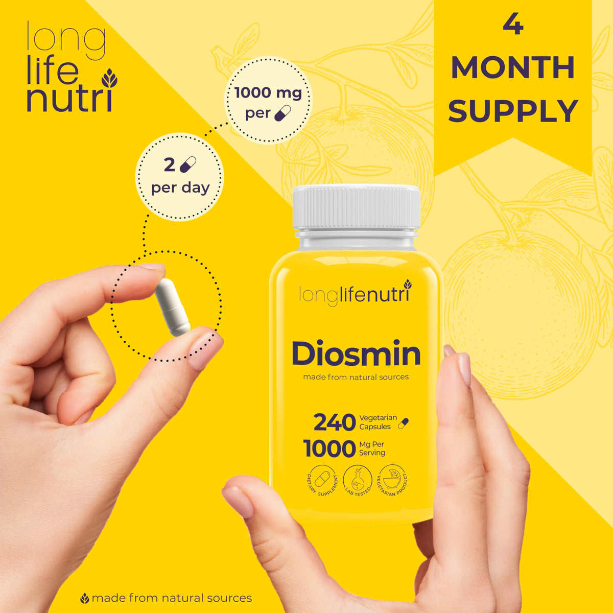 Diosmine 1000mg LongLifeNutri, capsules sur une table