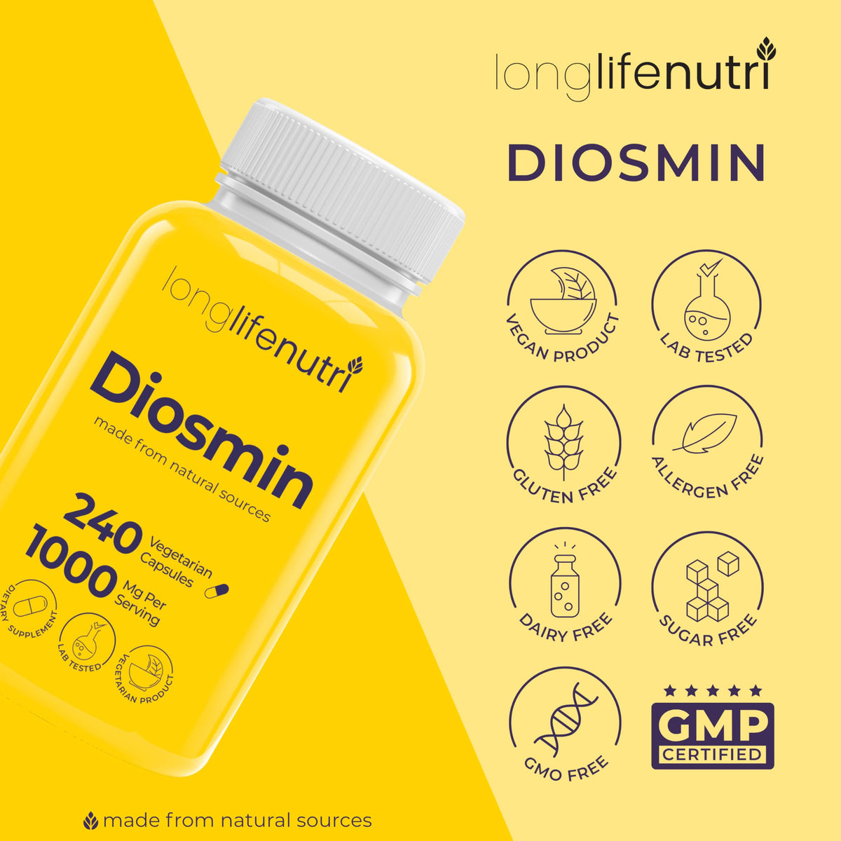 Diosmine 1000mg LongLifeNutri, flacon et organisateur de pilules sur fond blanc