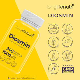 Diosmine 1000mg LongLifeNutri, flacon et organisateur de pilules sur fond blanc