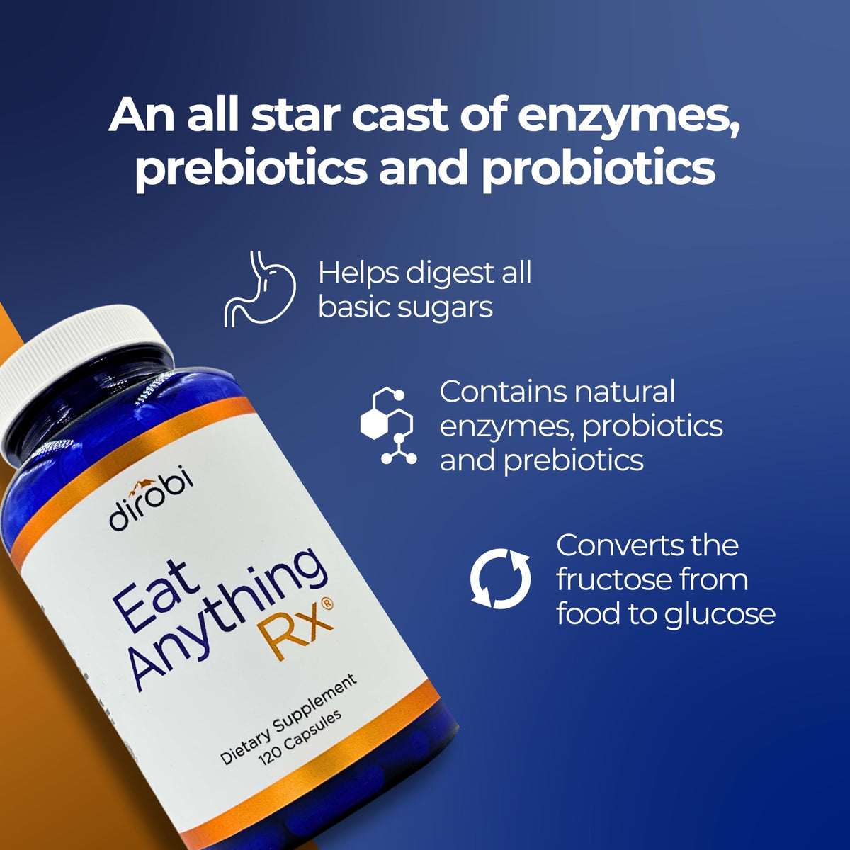 Dirobi Eat Anything Rx Enzyme capsules sur une assiette