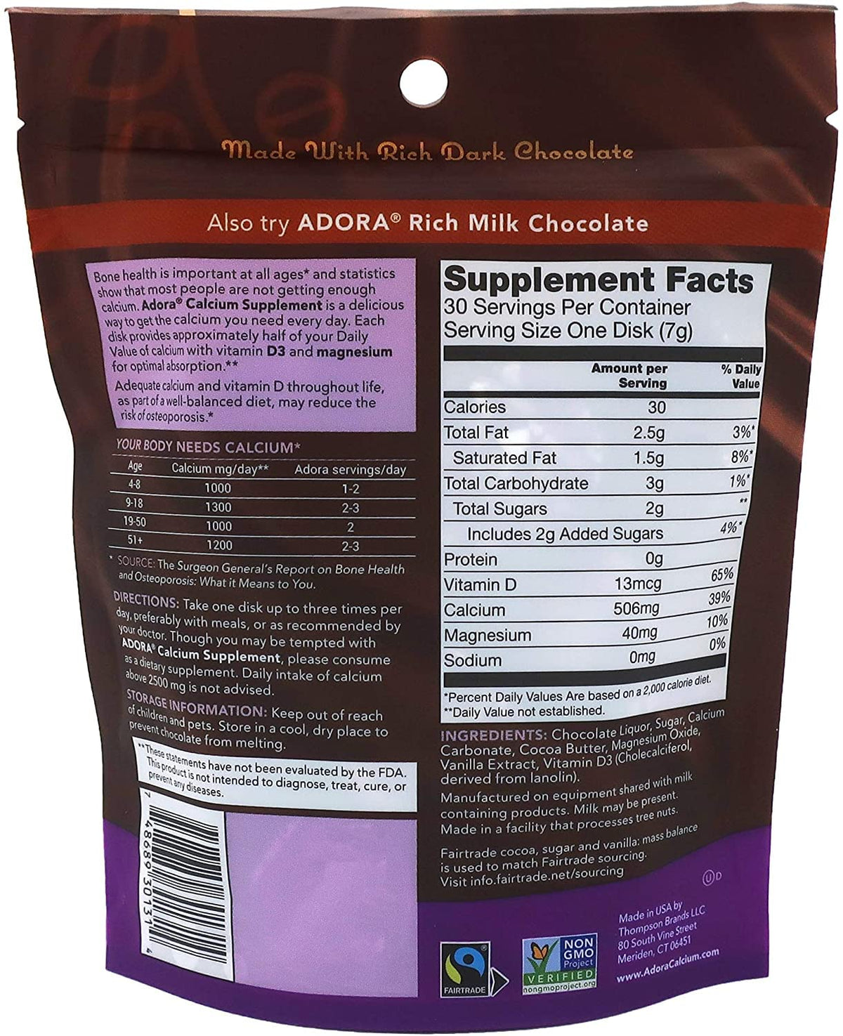 Disque de chocolat Adora Calcium avec emballage