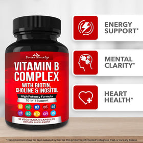 Divine Bounty B-Complex 90 capsules avec dimensions du flacon