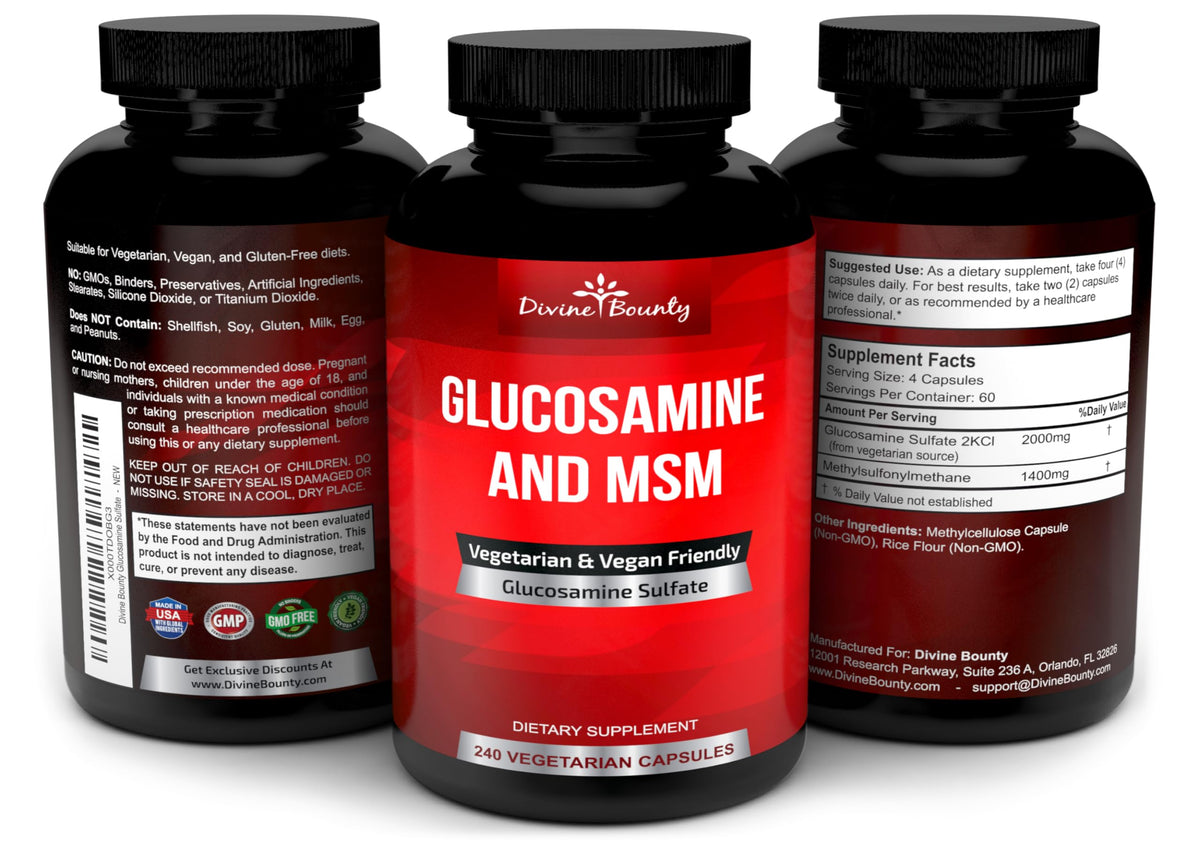 Divine Bounty Glucosamine Sulfate 2000mg avec MSM sur un fond neutre