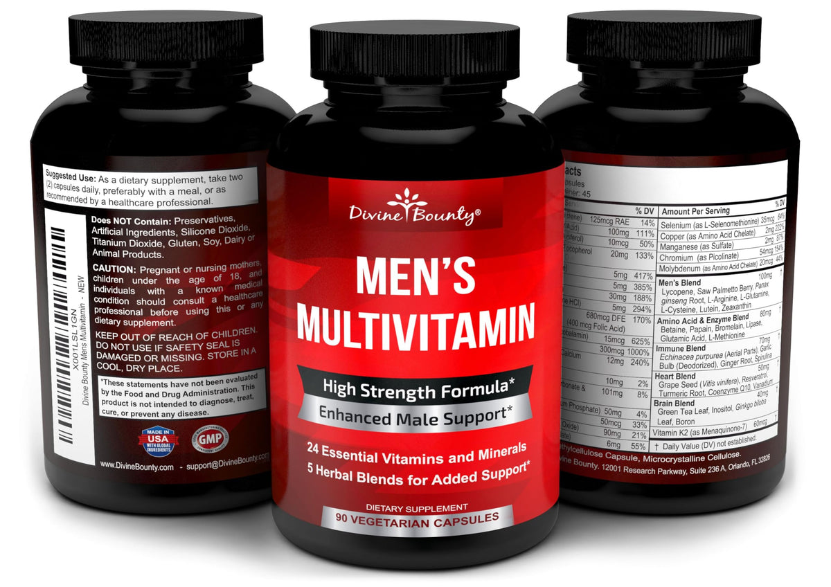 Divine Bounty Multivitamines Masculines 90 Capsules - mise en scène sur une table