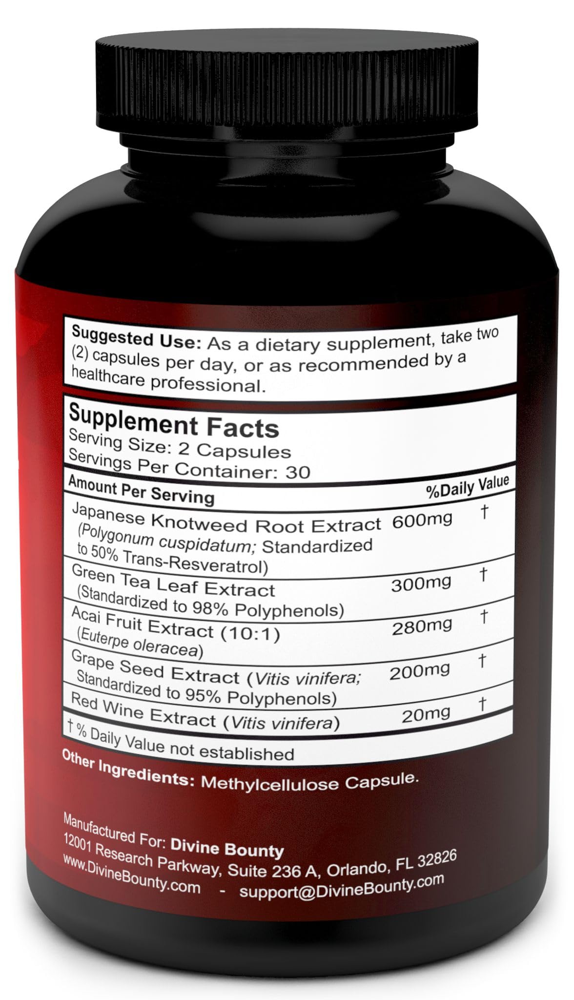 Divine Bounty Resvératrol 1400mg 60 capsules, vue arrière avec ingrédients