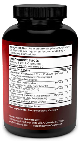 Divine Bounty Resvératrol 1400mg 60 capsules, vue arrière avec ingrédients