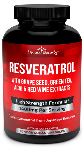 Divine Bounty Resvératrol 1400mg 60 capsules, vue avant