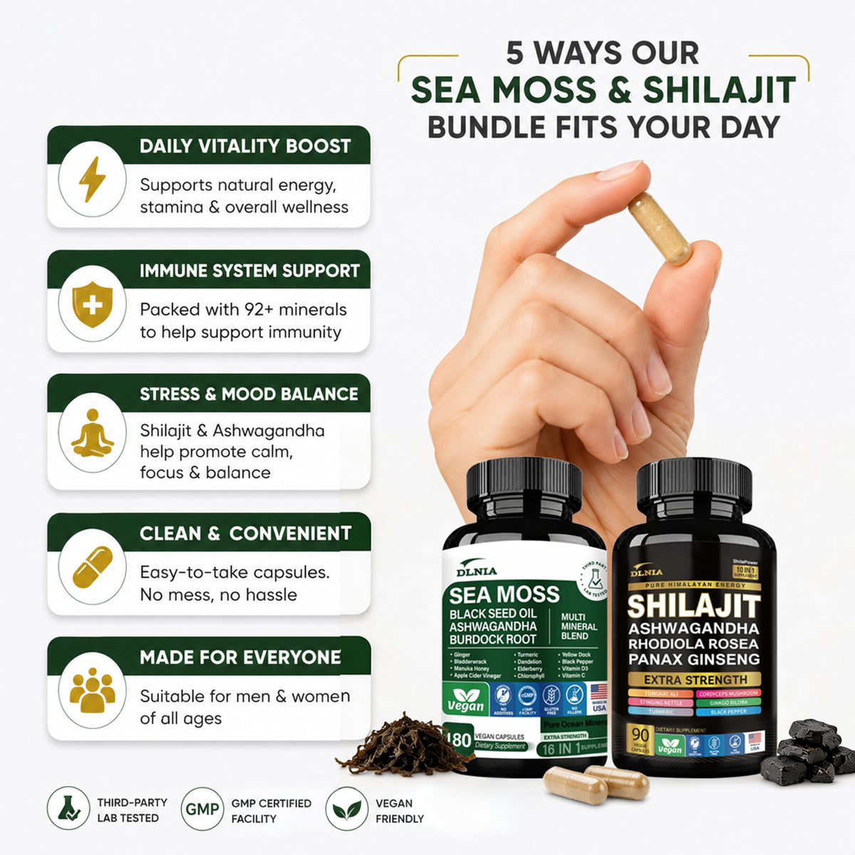 DLNIA Capsules de Mousses Marines et Shilajit - Étiquette de produit