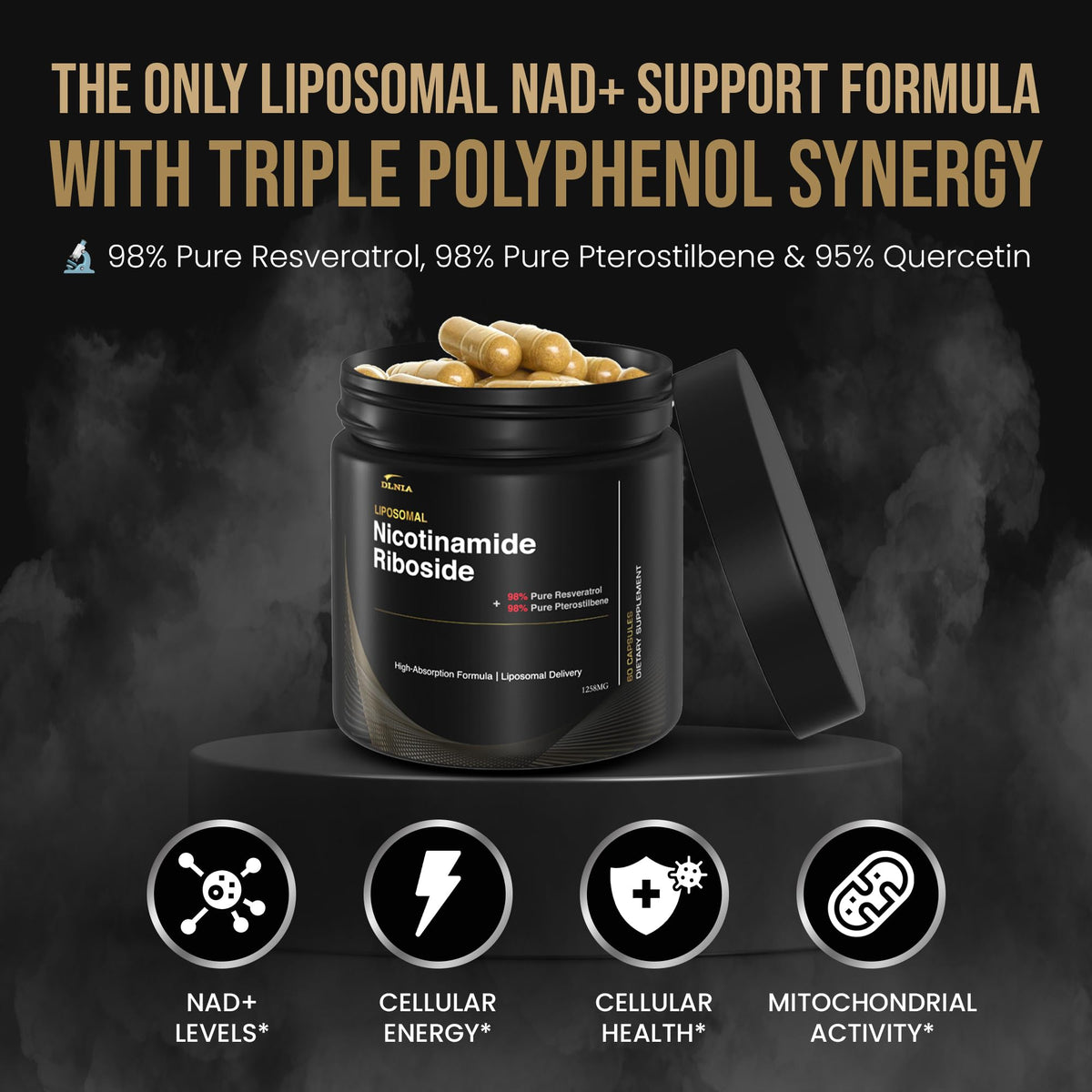 DLNIA Complément Alimentaire Liposomal NAD+ étiquette avec ingrédients