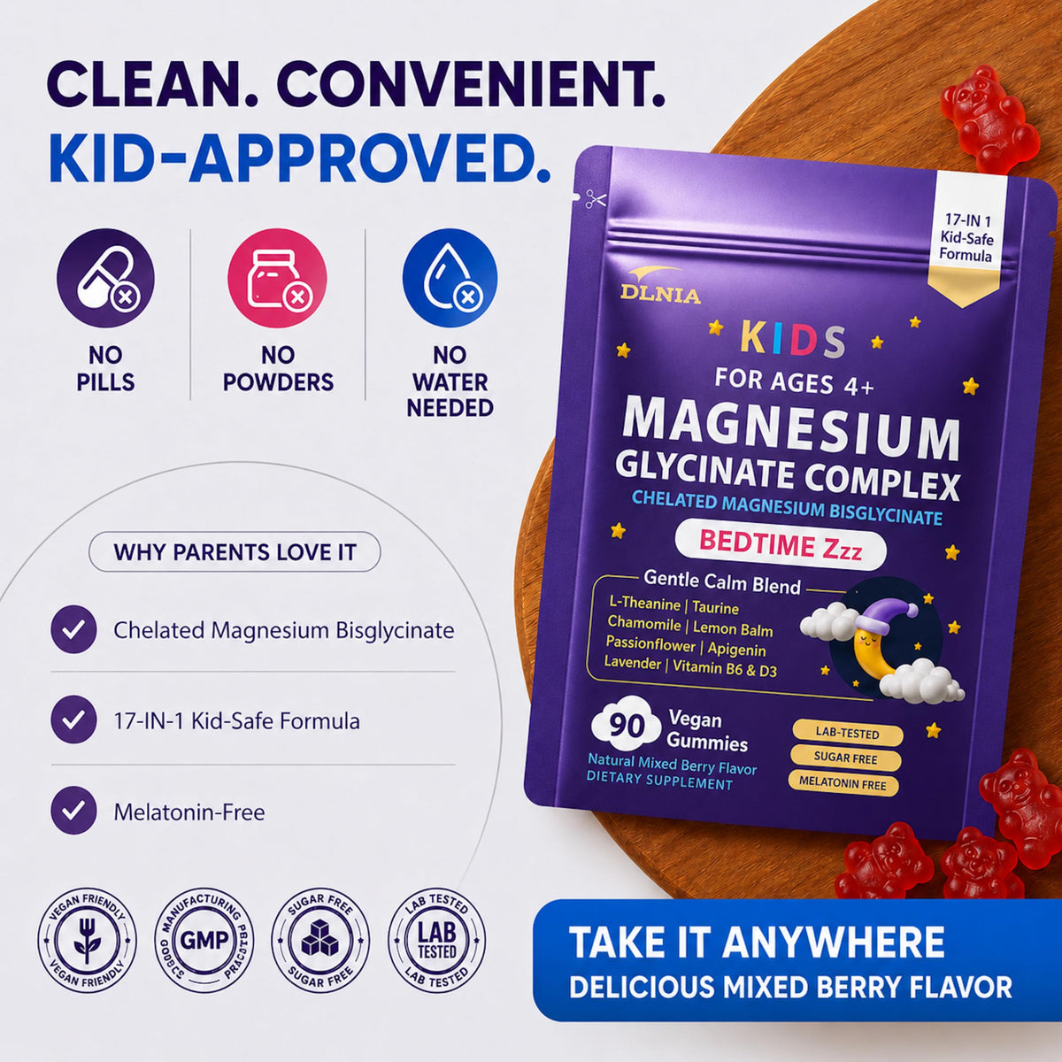 DLNIA Gummies de Magnésium Glycinate, gummies sur une assiette