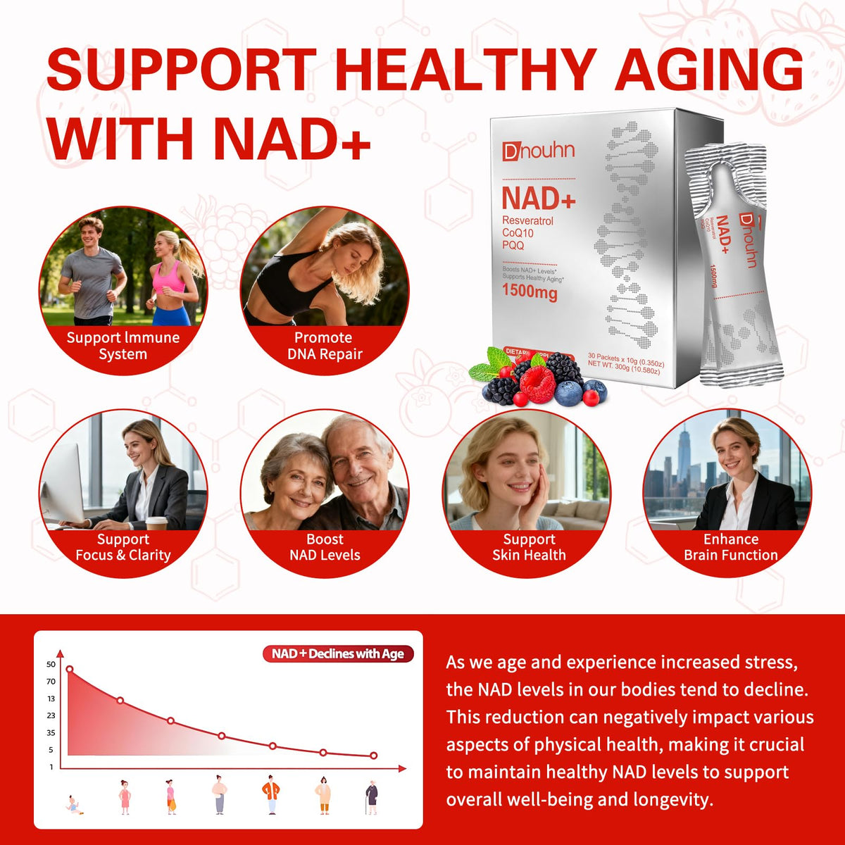 DNOUHN NAD+ Liquide 1500mg en sachets sur une surface
