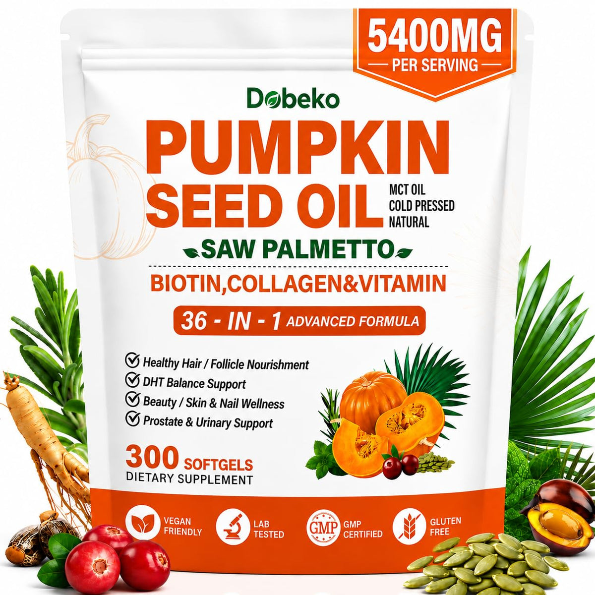 Dobeko Huile de Pépin de Citrouille Pressée à Froid 5400 mg - emballage avant