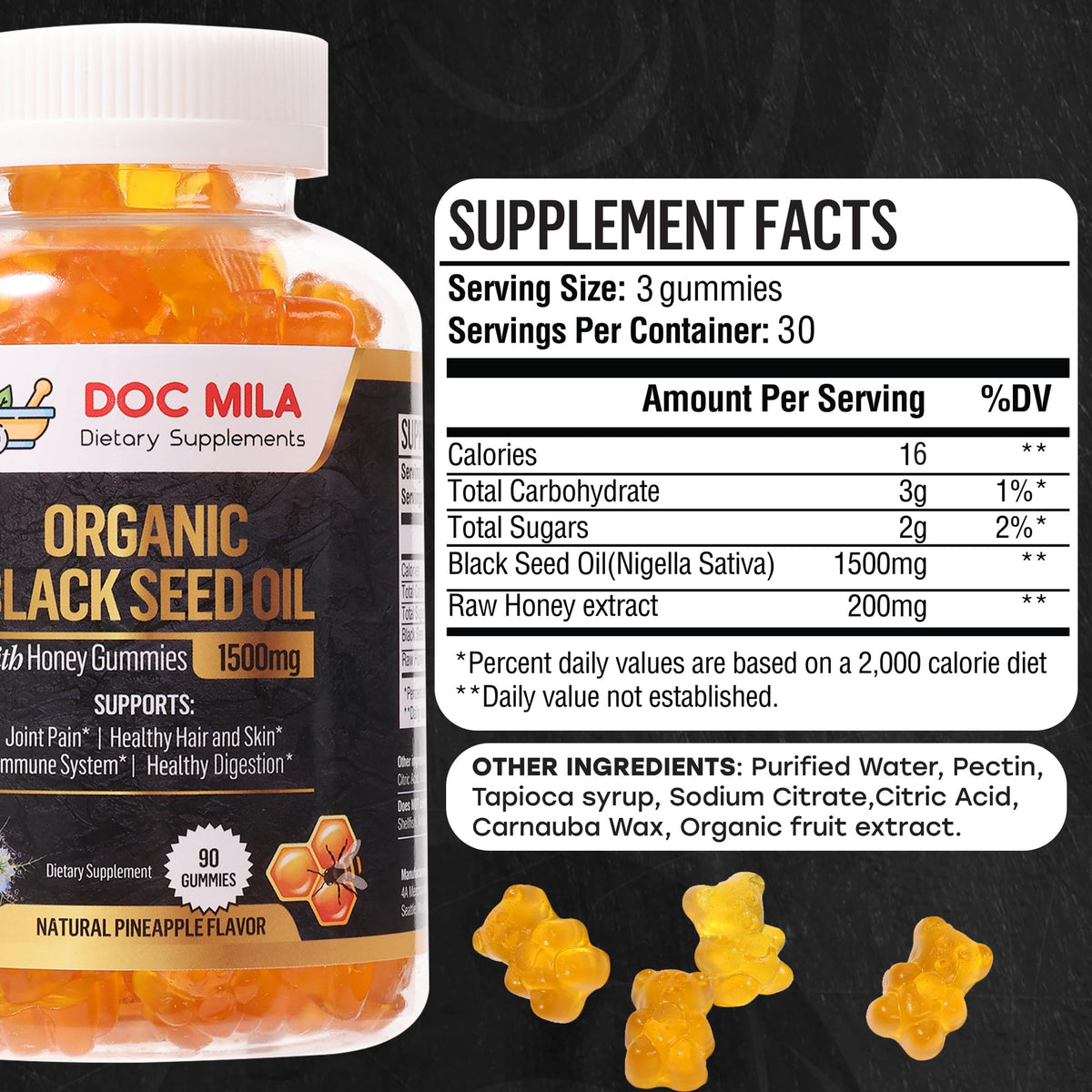 Doc Mila Gummies huile de nigelle 1500mg emballage avec 90 gummies