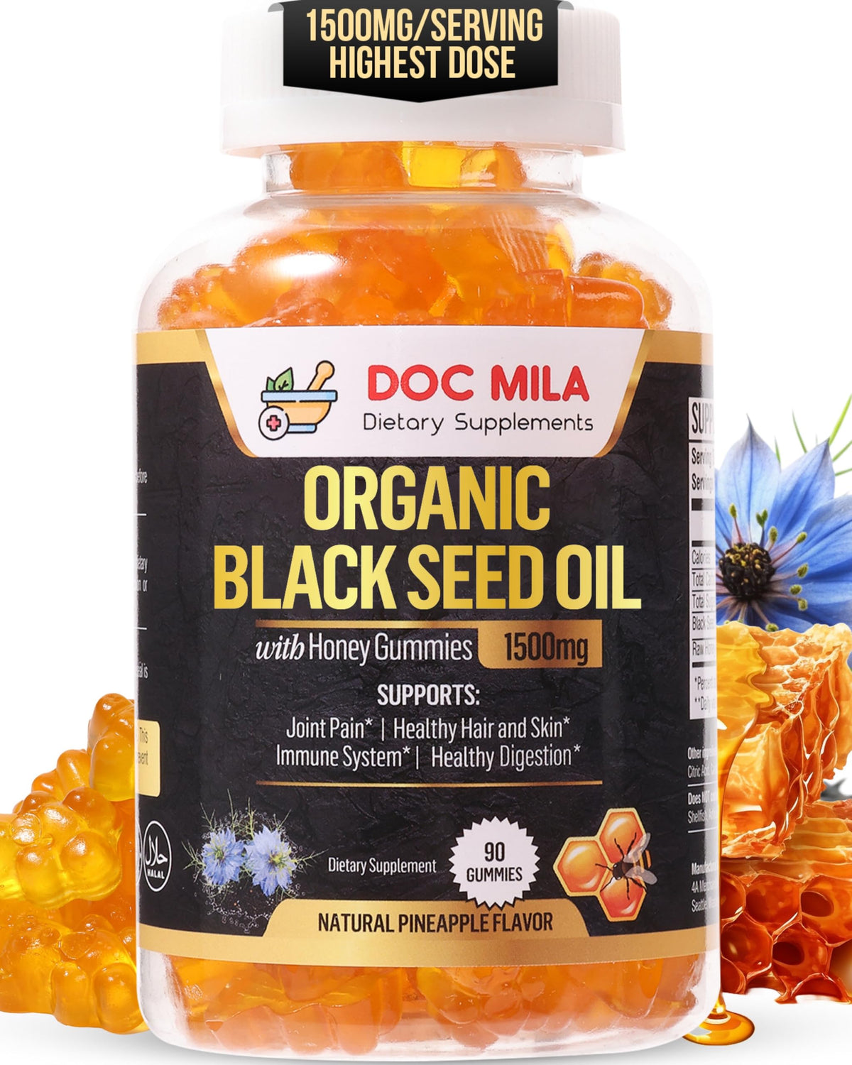 Doc Mila Gummies huile de nigelle 1500mg modèle avant avec saveur ananas