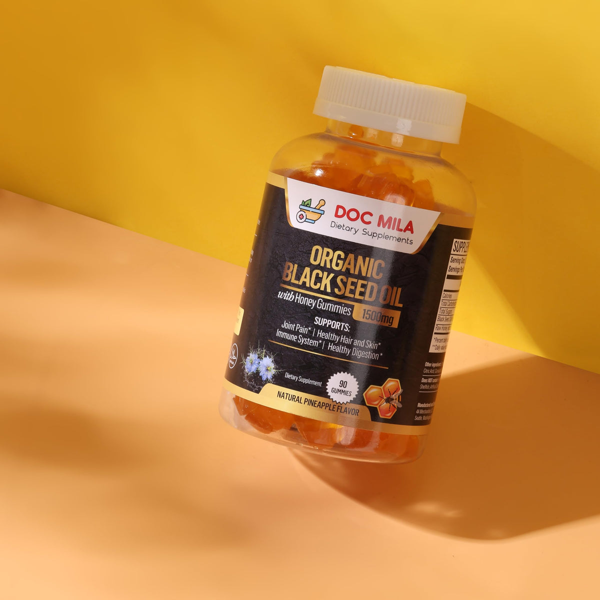 Doc Mila Gummies huile de nigelle 1500mg sur fond blanc