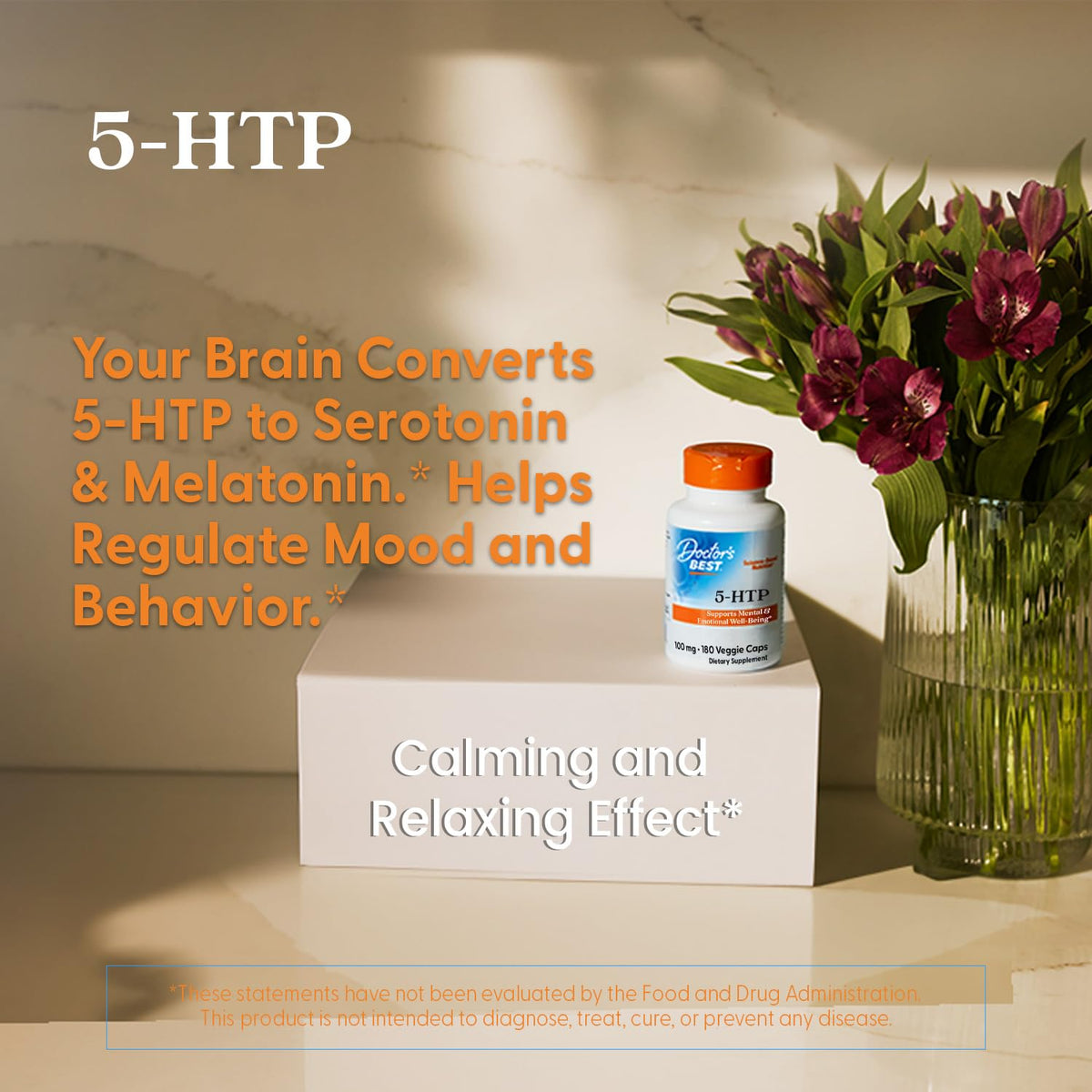 Doctor's BEST 5-HTP Capsules sur une table avec des éléments naturels