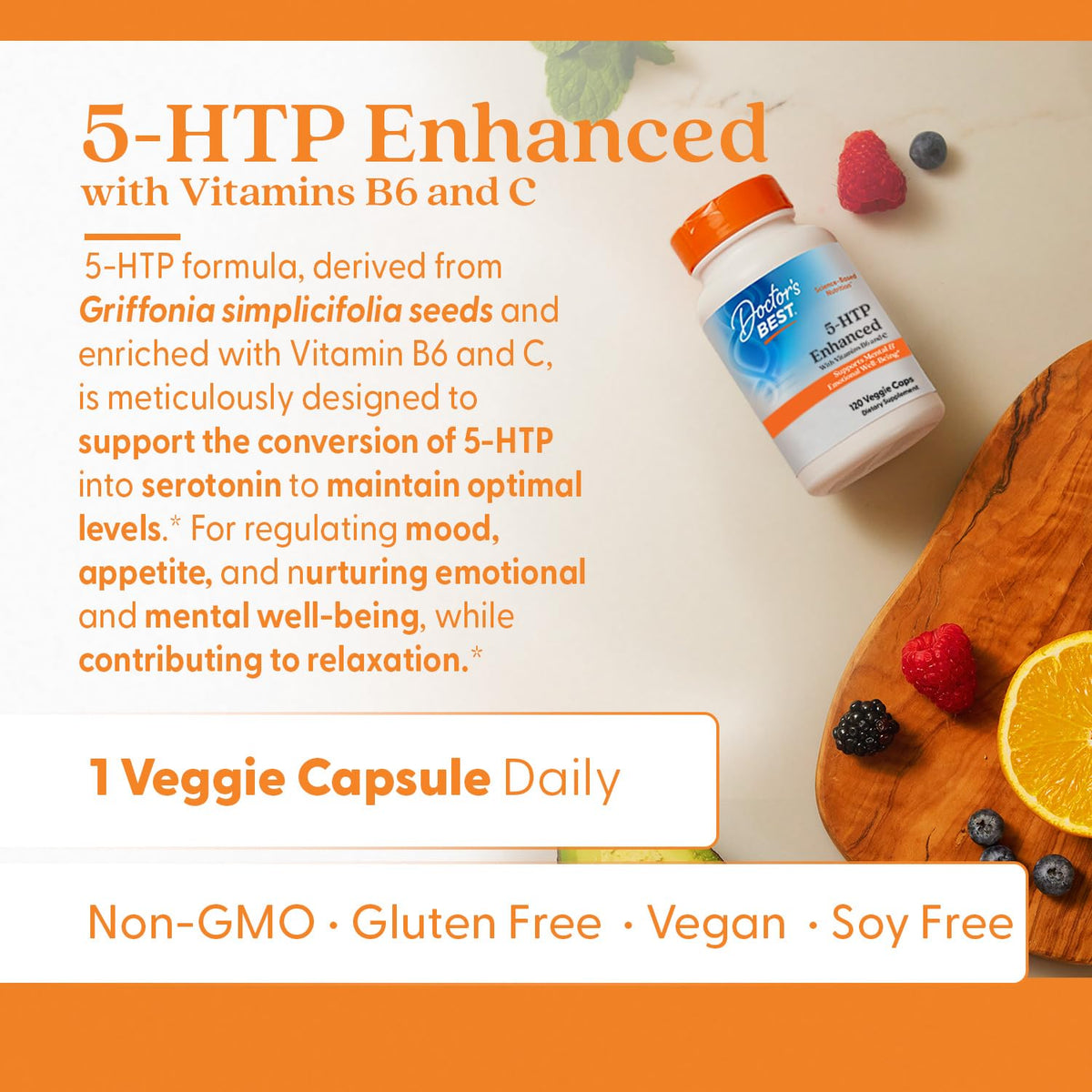 Doctor's BEST 5-HTP capsules, vue de côté avec étiquette