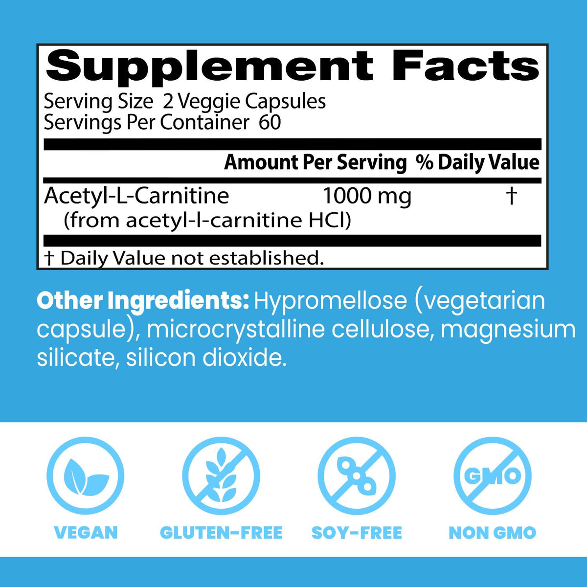 Doctor's BEST Acetyl L-Carnitine 1000 mg 120 Veg Caps back view
