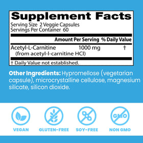 Doctor's BEST Acetyl L-Carnitine 1000 mg 120 Veg Caps back view