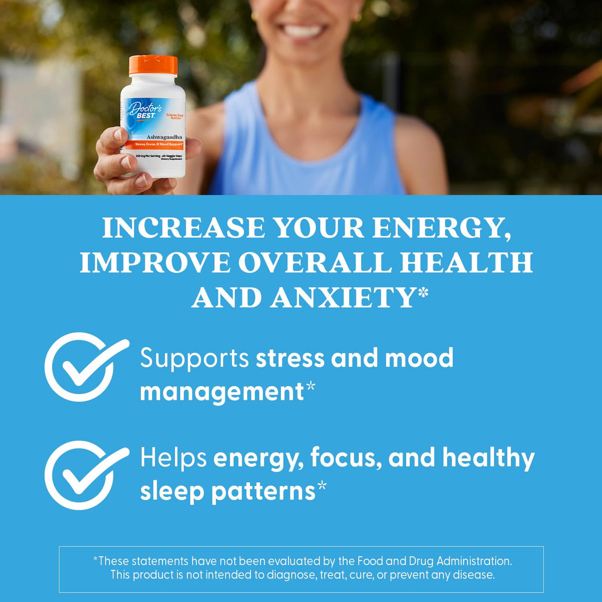 Doctor's BEST Ashwagandha 250 mg capsules végétales sur un fond blanc