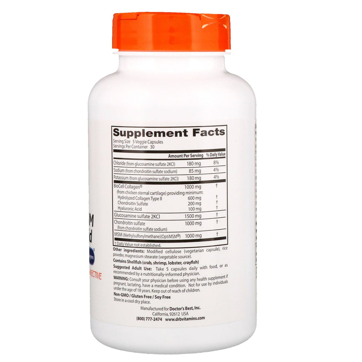 Doctor's BEST Complément Alimentaire Glucosamine Chondroïtine MSM 150 Caps côté avec dosage