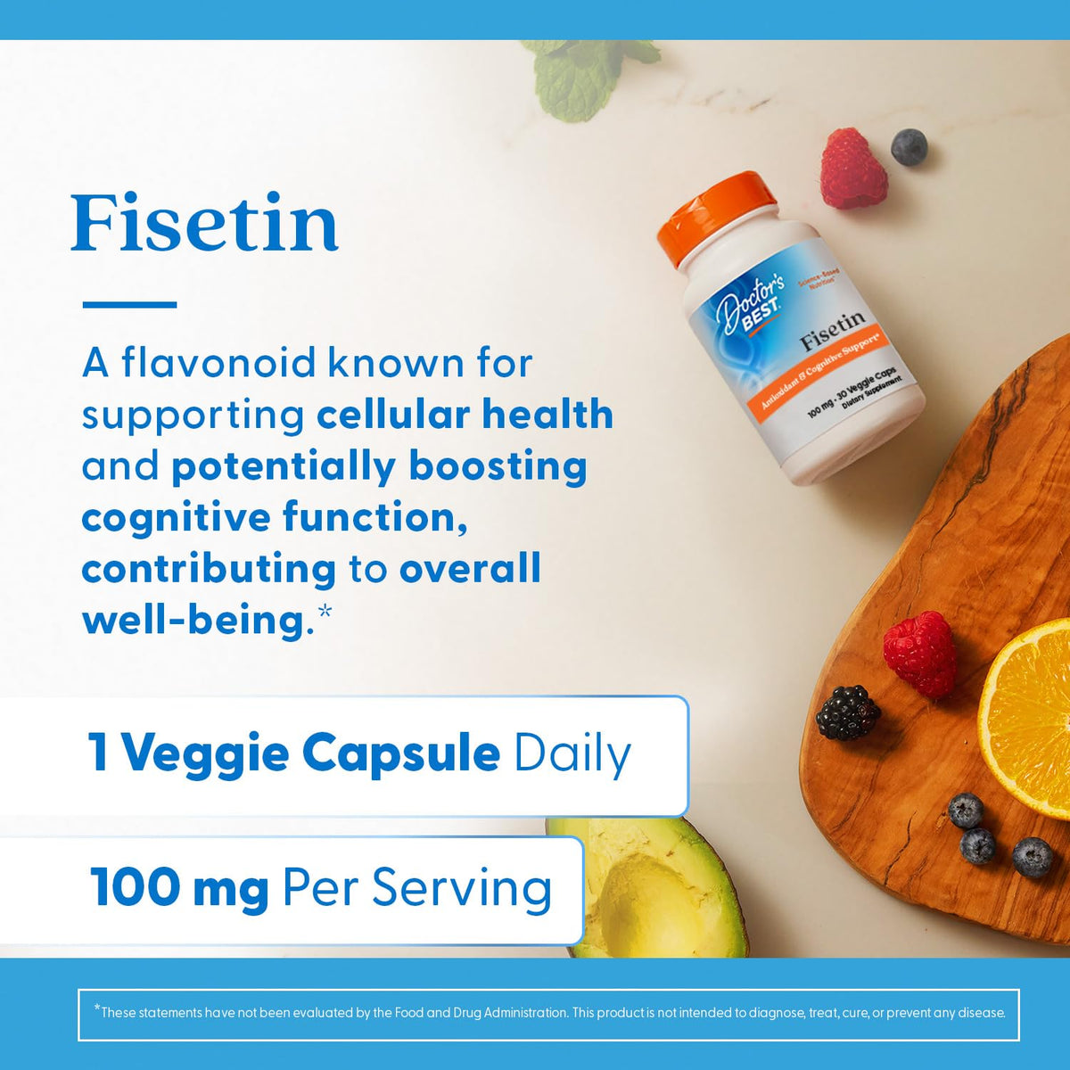 Doctor's BEST Complément Fisetin 100 mg gélules végétales avec un verre d'eau