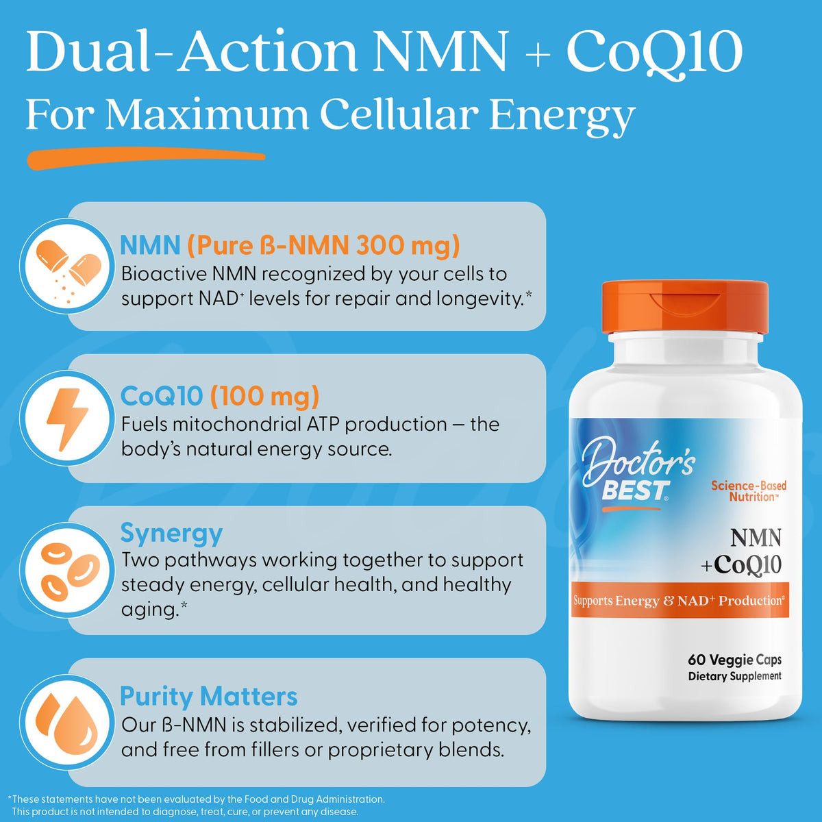 Doctor's BEST Complément NMN + CoQ10 60 Veg Caps côté
