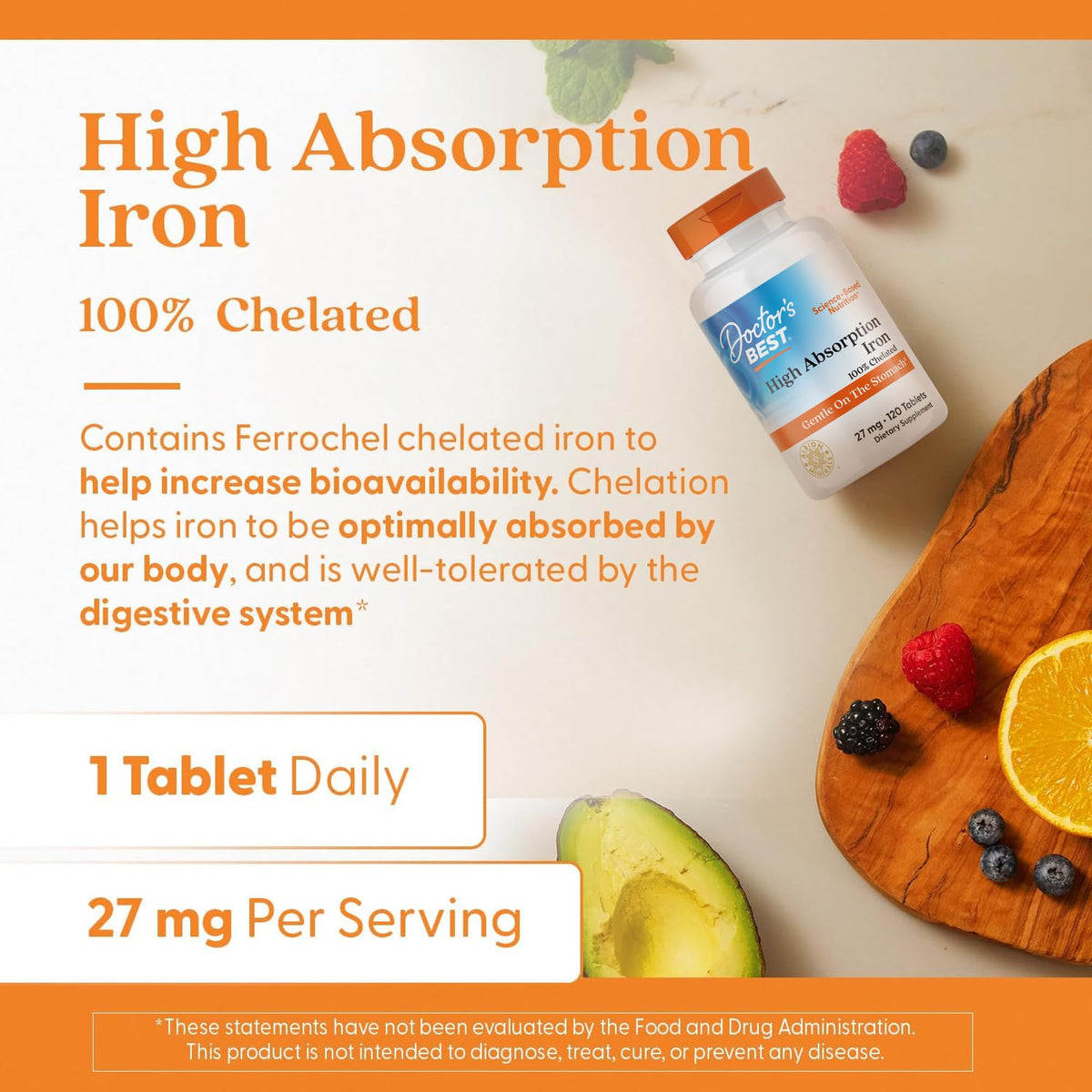Doctor's BEST Fer Chélaté 27 mg 120 Tablettes - présentation sur une table