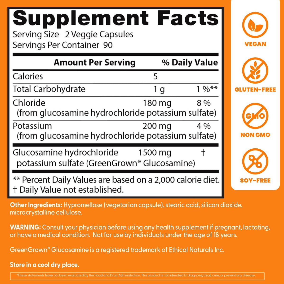 Doctor's BEST Glucosamine 1500mg Végétalien ingrédients et étiquette