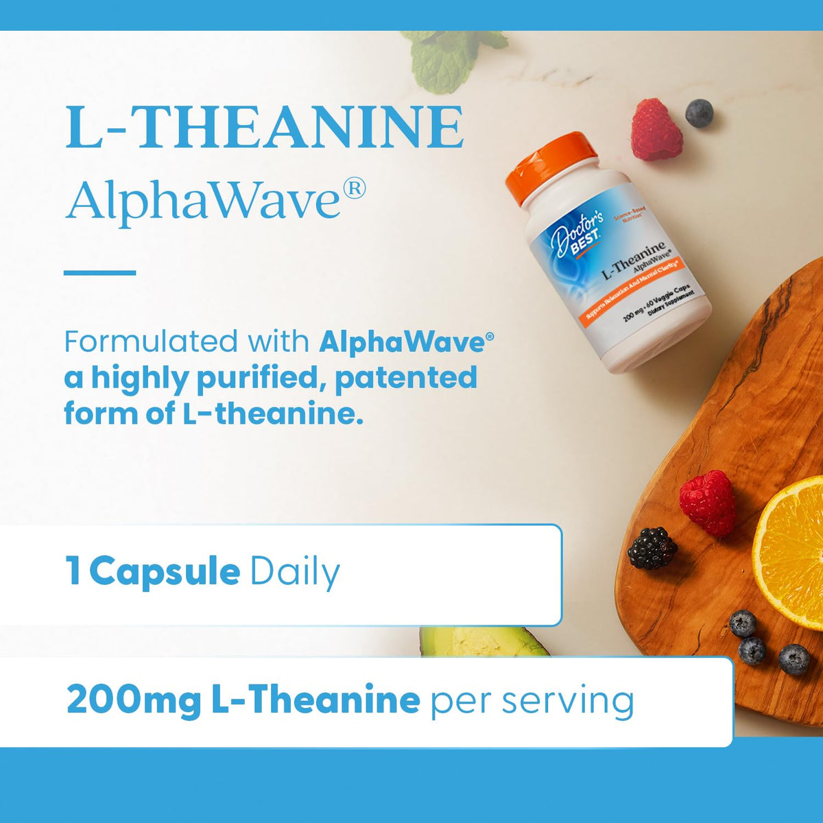Doctor's BEST L-Theanine 200mg capsules végétales sur fond blanc