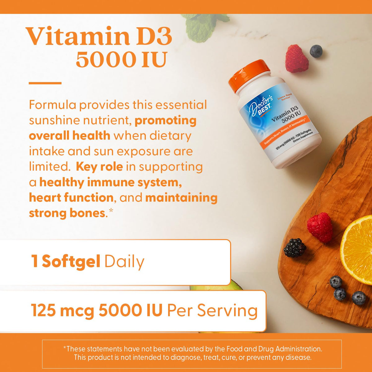 Doctor's BEST Vitamine D3 5000 UI gélules, flacon arrière