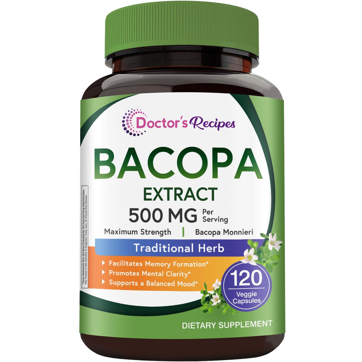 Doctor's Recipes Bacopa Monnieri 500 mg devant d'une bouteille