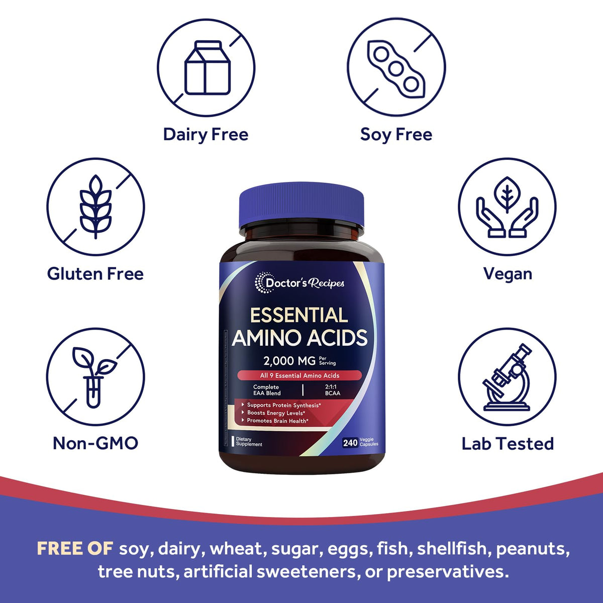 Doctor's Recipes Complément Alimentaire Acides Aminés Essentiels 240 Capsules Végétales avec un verre d'eau