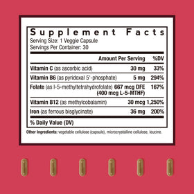 Doctor's Recipes Complément de Fer Bisglycinate 36 mg, capsule végétale à côté d'une cuillère de poudre