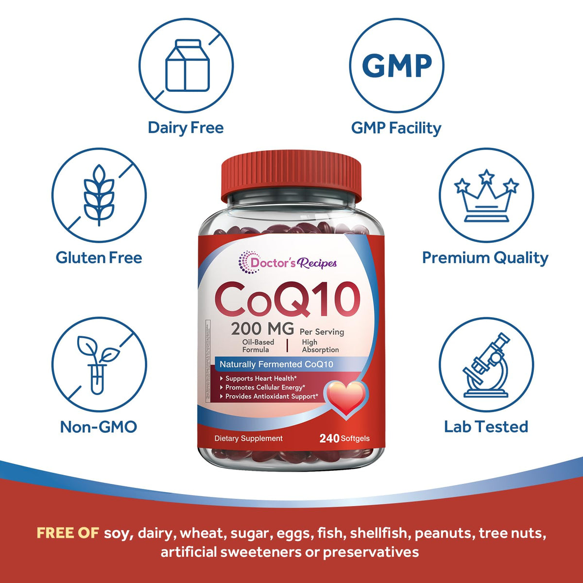 Doctor's Recipes CoQ10 200mg avec étiquette des ingrédients