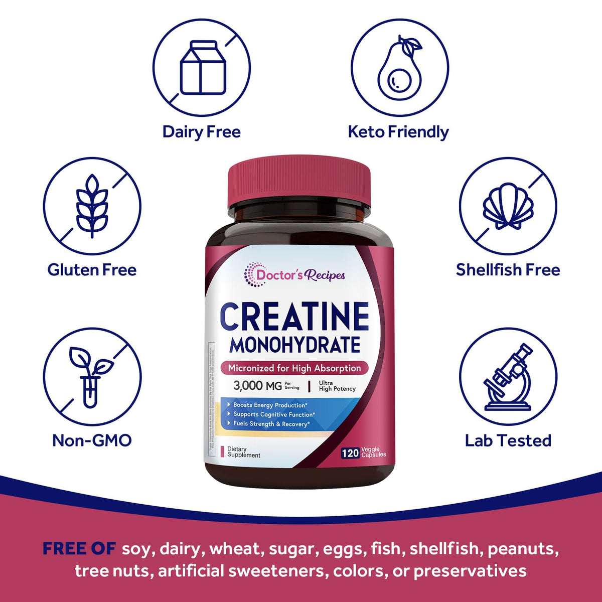 Doctor's Recipes créatine monohydrate 3000 mg capsules, ouvert avec des capsules visibles