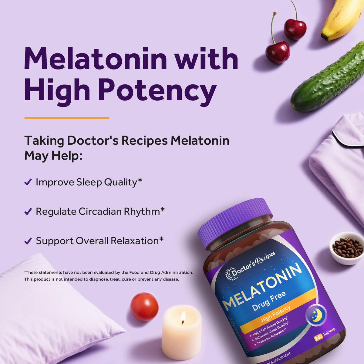 Doctor's Recipes Melatonine 10 mg comprimés à côté d'un verre d'eau