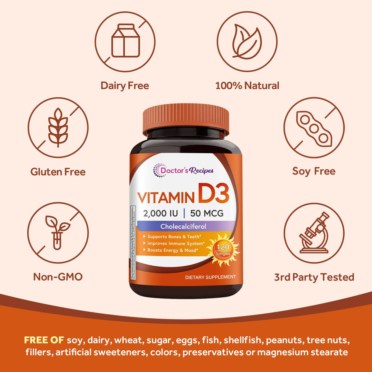 Doctor's Recipes Vitamine D3 2000 UI gélules molles sur une table