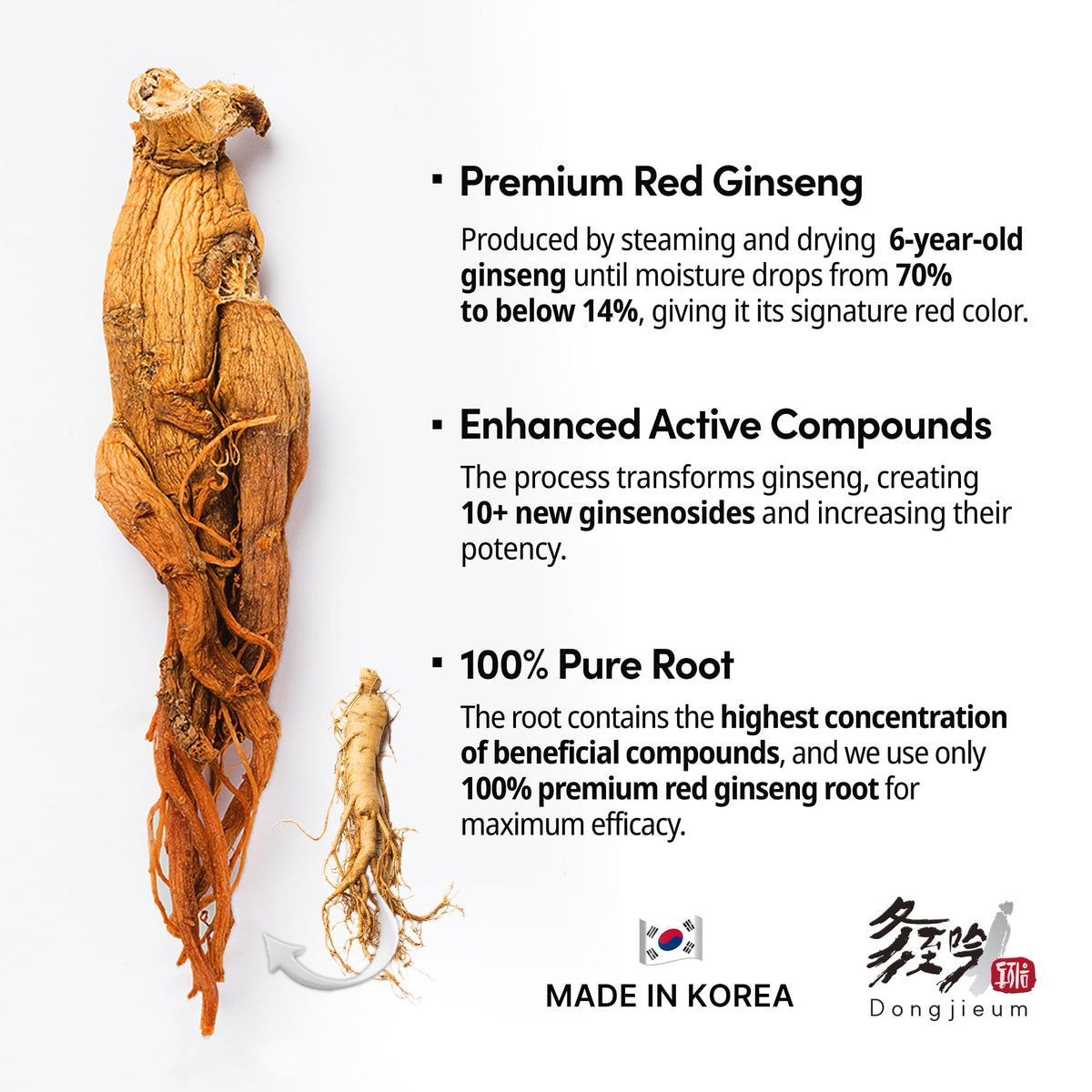 Dongjieum Ginseng Rouge Coréen 120 Capsules Végétaliennes ouvertes montrant les capsules