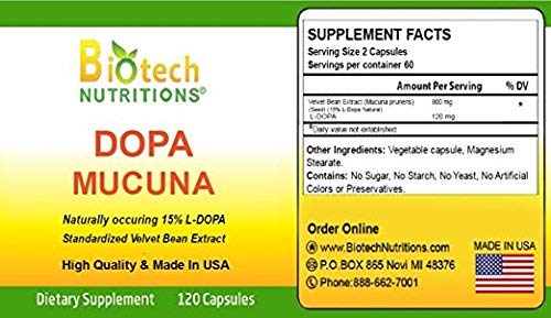 Dopa Mucuna Biotech Nutritions contenant 15% L-DOPA sur fond blanc