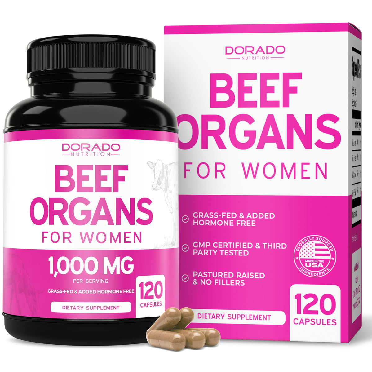 DORADO NUTRITION Compléments Alimentaires Organes Bovine 1000mg flacon avant