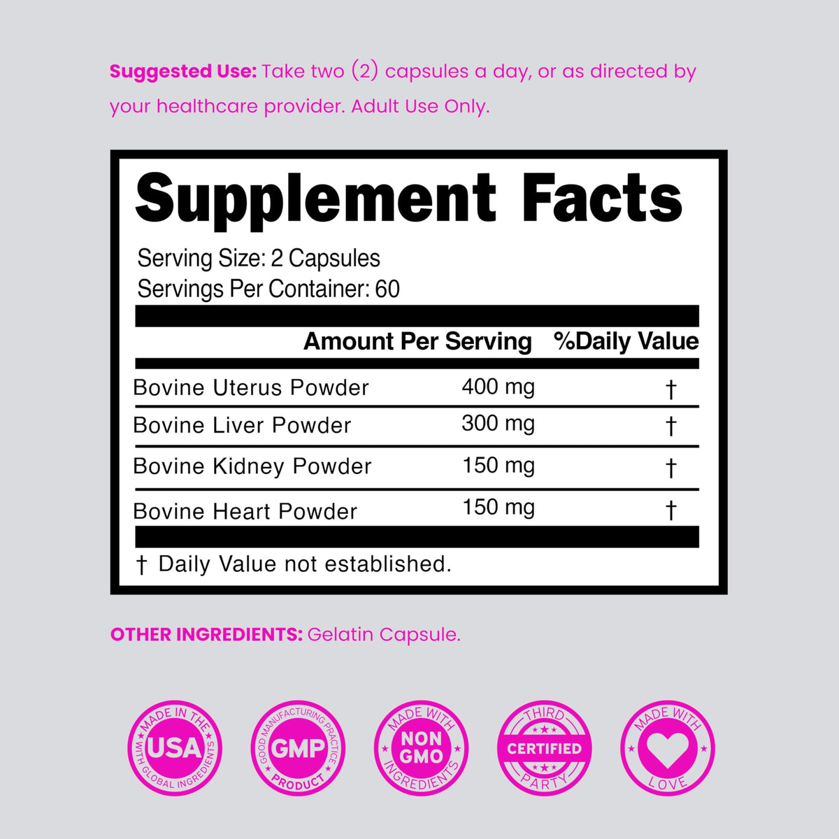 DORADO NUTRITION Compléments Alimentaires Organes Bovine 1000mg flacon ouvert avec capsules