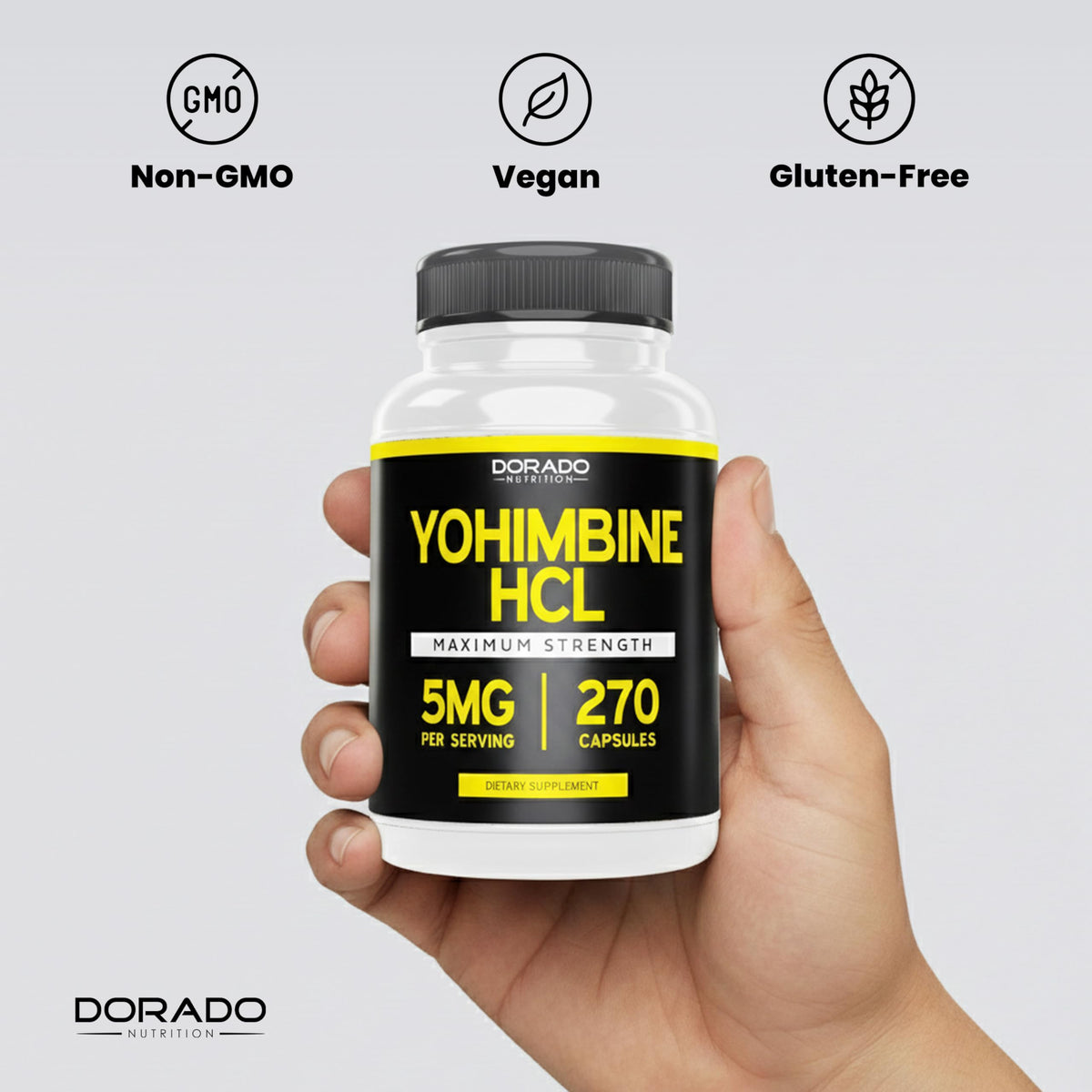 DORADO NUTRITION Yohimbine HCL 5mg flacon sur fond blanc