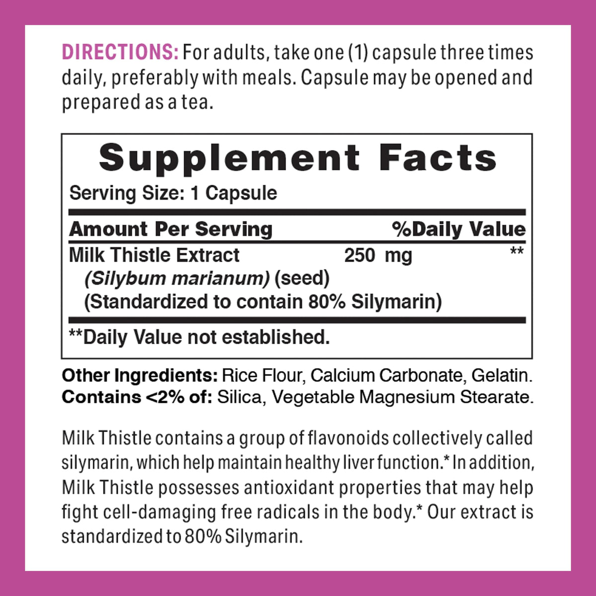 Dos de l'emballage d'extrait de chardon-marie Vitamin World