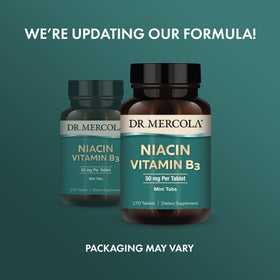 Dos de l'emballage de Niacine Vitamine B3 Dr. Mercola avec informations nutritionnelles