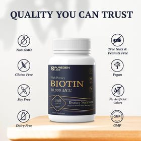 Dos de l'emballage de P Puregen Labs Biotine 10 000 MCG